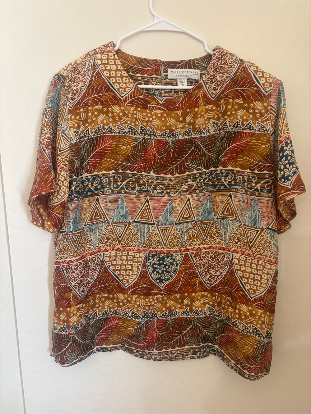 Valerie Stevens Multicolor Geometric & Leaf Print Button-Down Short Sleeve Top